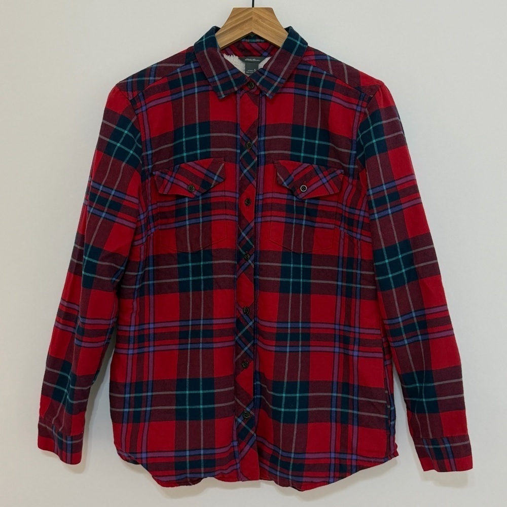 Eddie Bauer Women's Sherpa Lined Flannel Shirt Jacket Red Plaid Size S